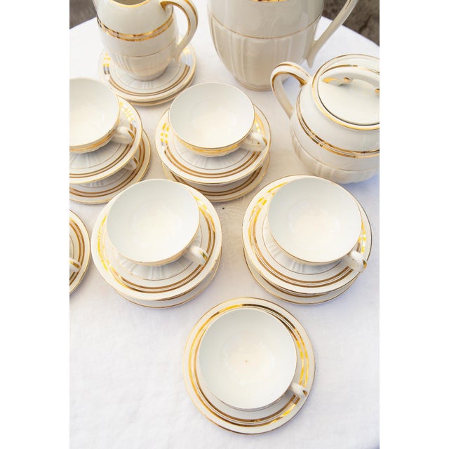 French Earthenware Coffee Set for 10 with Hamage Gold Rim, 1930s, Set of 25 For Sale - Image 4 of 7