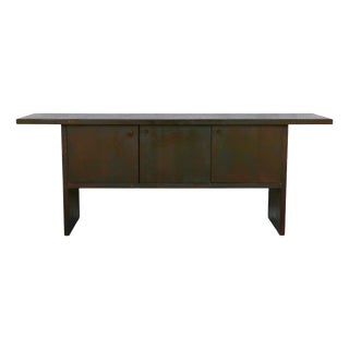 Large Dark-Stained Oak Sideboard with Overhanging Top and 3 Large Doors with Leather Straps, France, 1950s For Sale