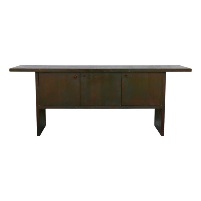 Large Dark-Stained Oak Sideboard with Overhanging Top and 3 Large Doors with Leather Straps, France, 1950s For Sale