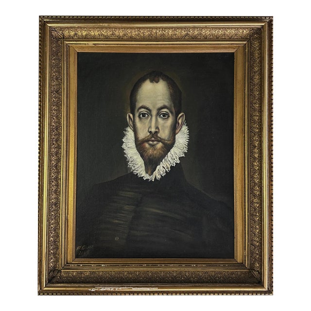 Vintage Mannerist Style Portrait of Nobleman (In the Manner of El Greco), Signed (Oil on Canvas) For Sale