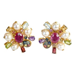 Bochic “Orient” Fancy Sapphire, Ruby & Pearl Earrings Set 18K Gold & Silver - 2 Pieces For Sale