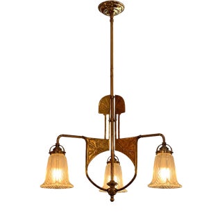 Vienna Secession Brass Pendant Light with Original Decorative Glass Shades, Austria, 1890s For Sale