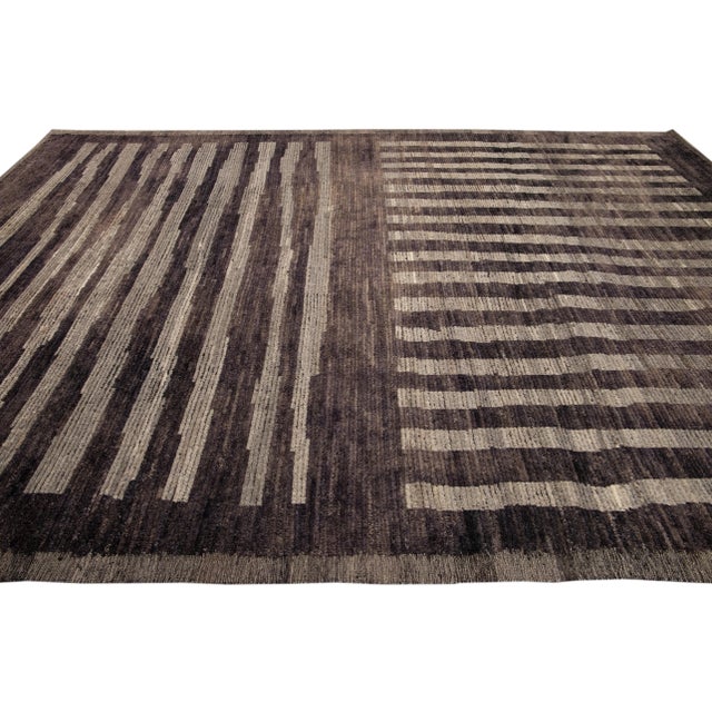 2020s Modern Moroccan Style Brown Handmade Striped Motif Wool Rug For Sale - Image 5 of 9