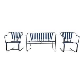 Vintage Mid-Century Modern Wrought Iron Patio Conversation Set | Loveseat & 2 Bouncer Chairs | Russell Woodard Style For Sale