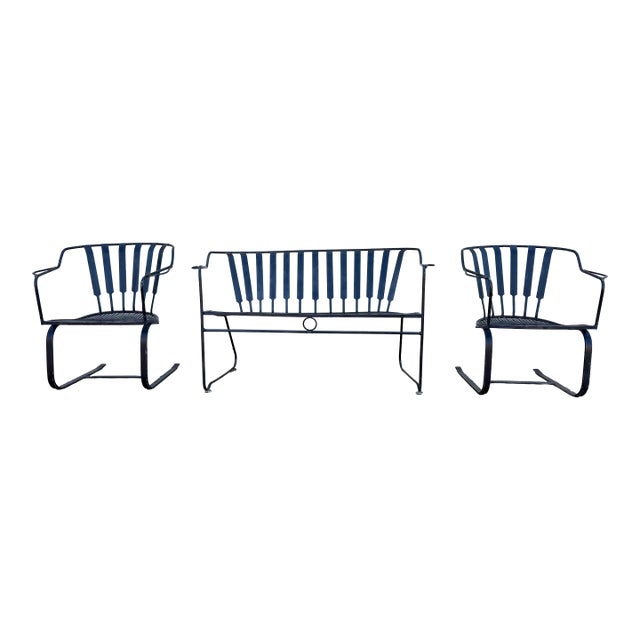 Vintage Mid-Century Modern Wrought Iron Patio Conversation Set | Loveseat & 2 Bouncer Chairs | Russell Woodard Style For Sale