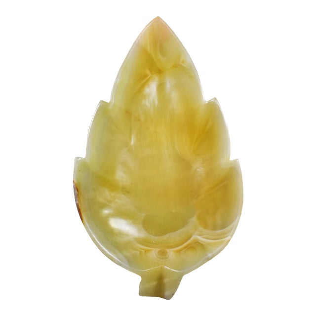 20th Century Carved Solid Onyx Stone Leaf Shape Footed Dish For Sale