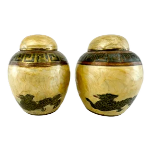 Vintage Solid Brass Dragon Ginger Jars, a Pair