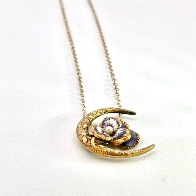 Art Nouveau Antique Pansy Pendant Necklace With Crescent Moon Design For Sale - Image 4 of 10