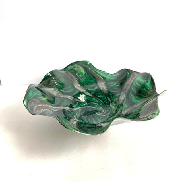 Vintage Art Glass Bowl Ruffle Green Swirl Gold Metallic Large Centerpiece Dish Signed For Sale - Image 10 of 11