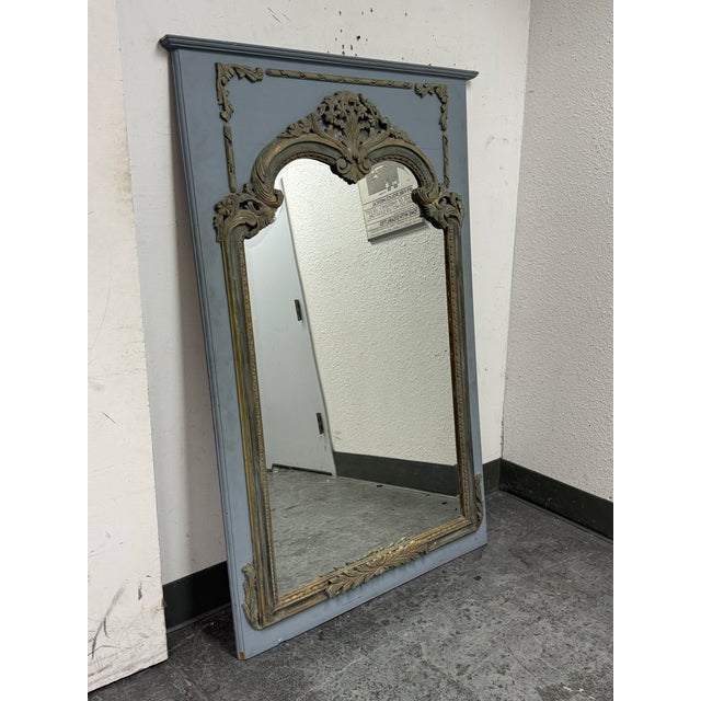 Design Plus Gallery presents a Light Blue Trumeau Mirror of French Style and Antique Age. A mirror such as this was meant...
