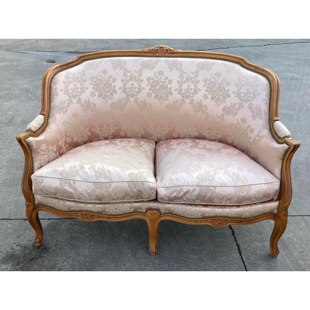 Classic French Settee W/ Pink Silk Upholstery For Sale - Image 10 of 11
