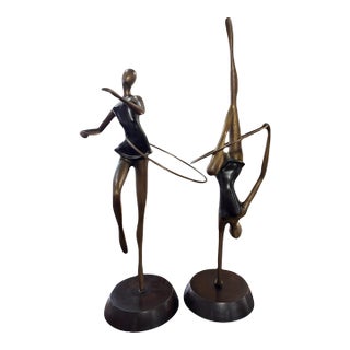 1980s Maitland-Smith Handmade Brass Ballerina Acrobatic Sculptures With Rings, a Pair For Sale