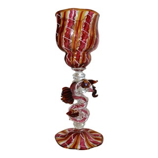 1990s Hand Blown Serpent Venetian Heath Conner Studio Glass Goblet Chalice Stemware For Sale