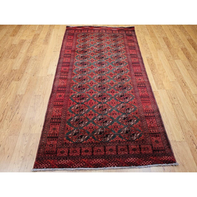 Red Vintage Turkmen Area Rug, Hand-Knotted Wool, Allover Geometric Pattern, Pistachio Green & Red, 4x8 For Sale - Image 8 of 18