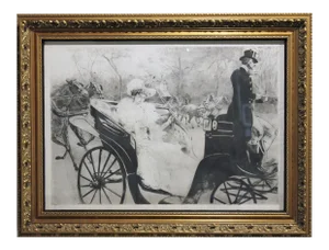 "La Promanade" Black and White Print of a Women in a Carriage Expressionism Engraving Edition 1900s