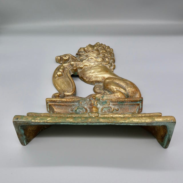 Early 20th Century Large Antique Brass Rampant Lion Door Stopper, Andiron Finial, Heraldic Fireplace Ornament For Sale - Image 5 of 6