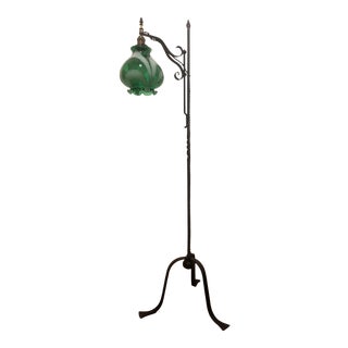 Vintage French Green Souffle Blown Glass Three-Legged Floor Lamp Arts & Crafts Farmhouse Lighting For Sale