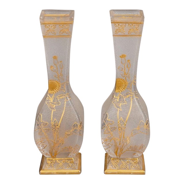 Pair of 19th Century Baccarat Gilt and Etched Frosted Glass Vases For Sale