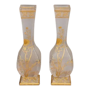 Pair of 19th Century Baccarat Gilt and Etched Frosted Glass Vases