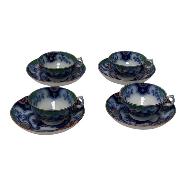 Antique F. & R. Pratt & Co. Imari Tea Cups & Saucers Set of 4 Pattern No. 60 England C. 1840s–1850s For Sale