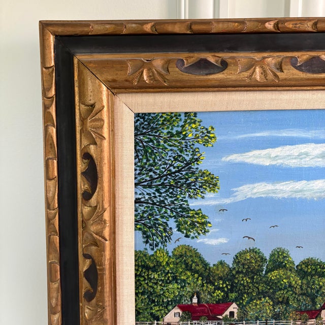 Textile Mid 20th Century Signed American Folk Art Horse Farm Landscape Oil on Canvas Framed Painting For Sale - Image 7 of 11