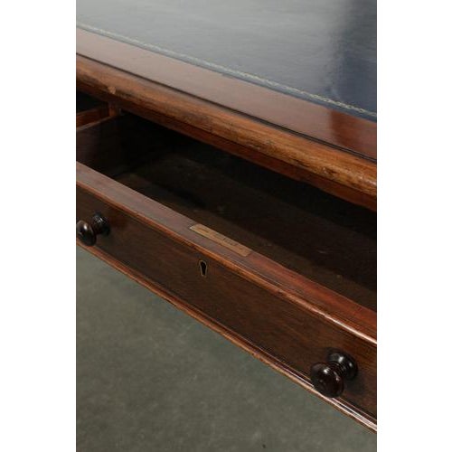 Large Antique English Library Writing Desk with a Dark Blue Leather Top, 19th Century For Sale - Image 10 of 15