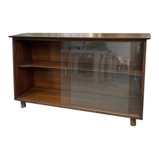 1970s Mid Century Walnut Sliding Door Cabinet Console For Sale