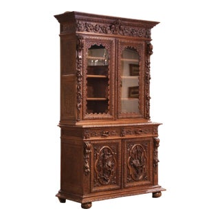 19th Century French Louis XIII Style Carved Oak Hunt Bookcase Gun Cabinet For Sale