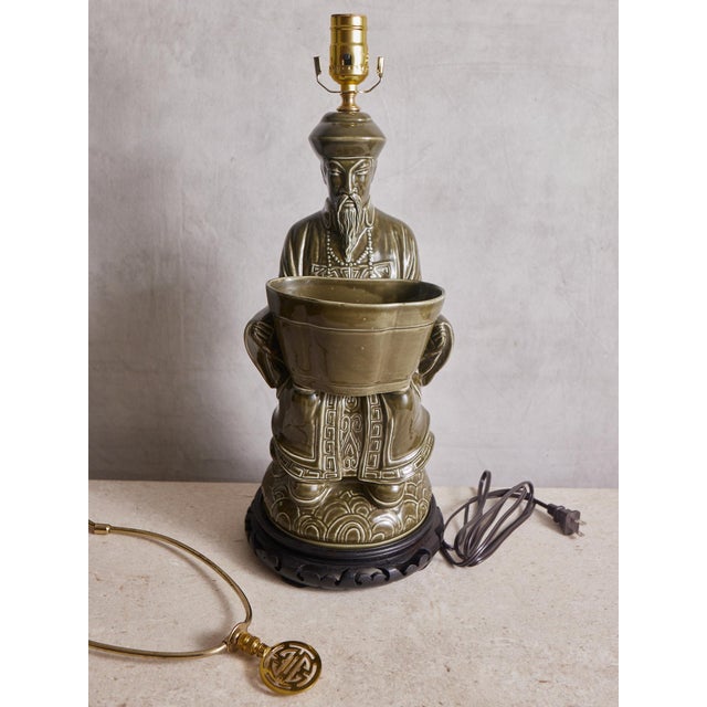 1970s Chinese Confucius Green Ceramic Lamp For Sale - Image 14 of 15