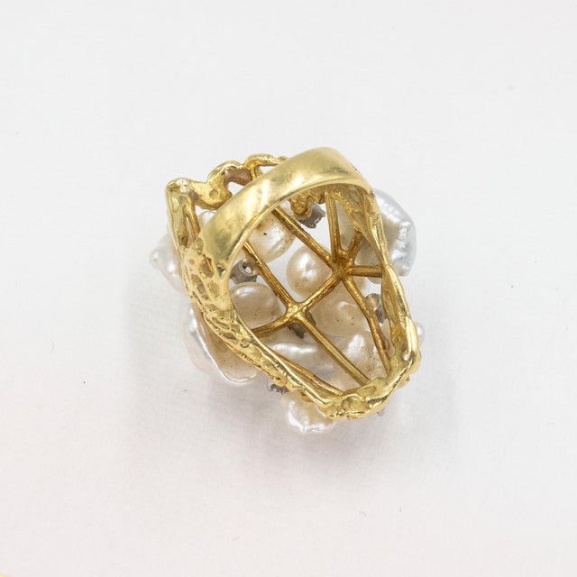 1980s Vintage Cellino 18k Diamond Natural Pearl Cocktail Ring, Size 5.75 For Sale - Image 11 of 11