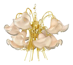 Pink Murano Glass Tulip-Form Brass Chandelier