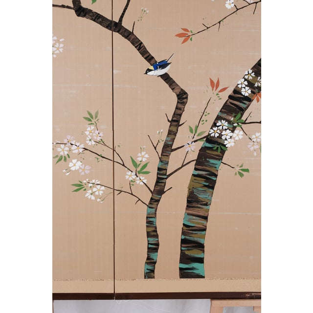 Tan 1970s Japanese Byobu Featuring 2 Birds & 2 Tree Branches 4-Panel Folding Tabletop or Wall Hanging Screen Vg+ For Sale - Image 8 of 10