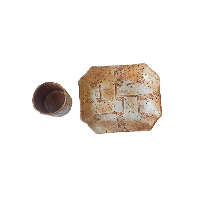 Apricot Singed Late 20th Century Textured Studio Pottery Small Cup With Plate For Sale - Image 8 of 12