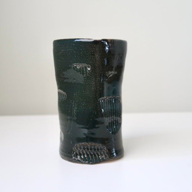Handbuilt Organic Sculptural Pinched Square Rim Ceramic Vase in Dark Teal Glaze With Ribbed Relief Pattern For Sale - Image 14 of 18