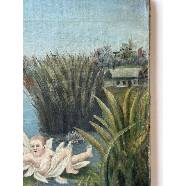 Antique Victorian Oil on Canvas Marsh Scene of Stork Delivering Baby, Circa 1880s For Sale - Image 11 of 15
