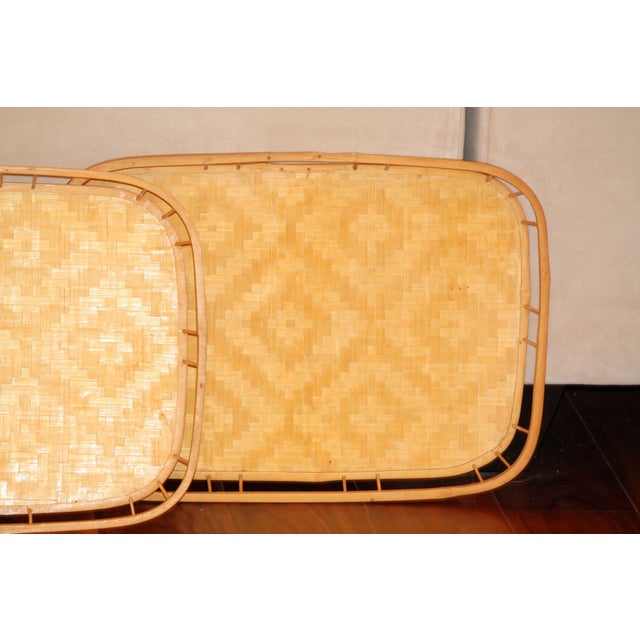 Boho Chic Set of 3 Vintage Boho Woven Rattan and Bamboo Tiki Trays For Sale - Image 3 of 7