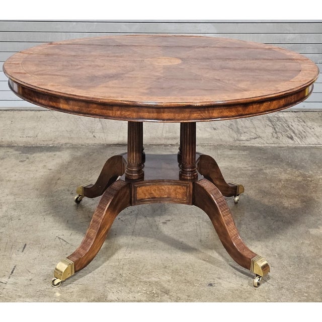 Brown Theodore Alexander Regency Style Flame Mahogany Round Expanding Dining Table For Sale - Image 8 of 13