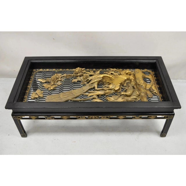 Mid 20th Century Vintage Chinese Relief Carved Ho Ho Bird Glass Top Display Oriental Coffee Table For Sale - Image 5 of 13