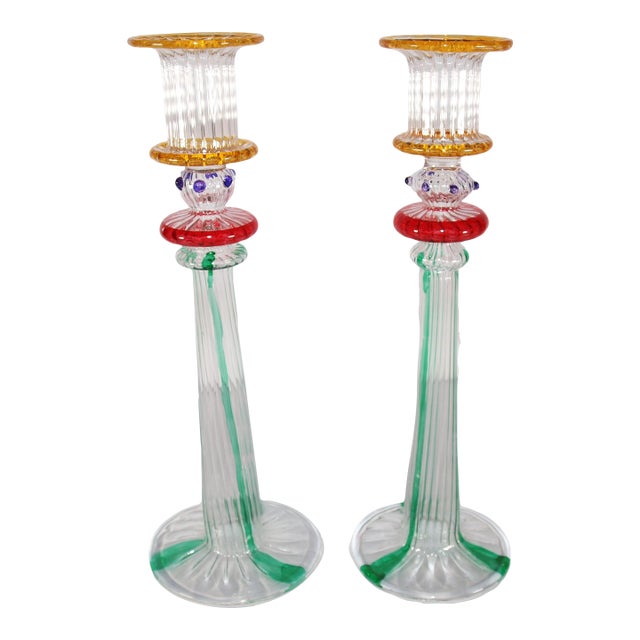 Pair of Murano Attributed Multicolored Glass Candle Sticks For Sale