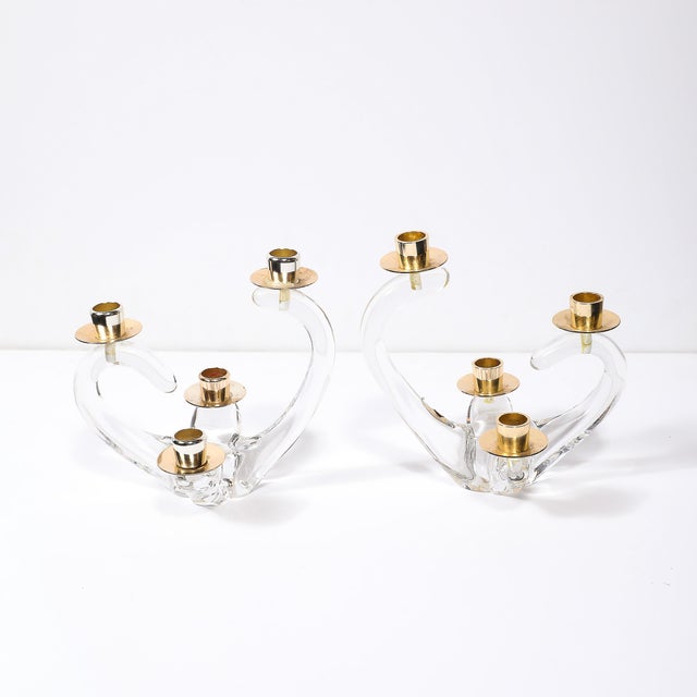 Pair of Mid-Century Amorphic Crystal & Brass 4 Arm Candelabras Signed Schneider For Sale - Image 10 of 11