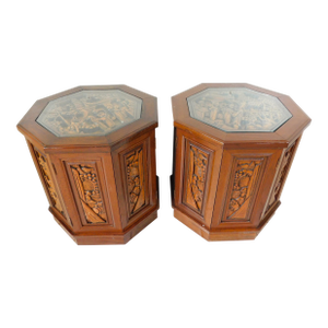 Pair Chinese Mid-Century Figural Carved Wood Glass Top Octagon Side/End Tables