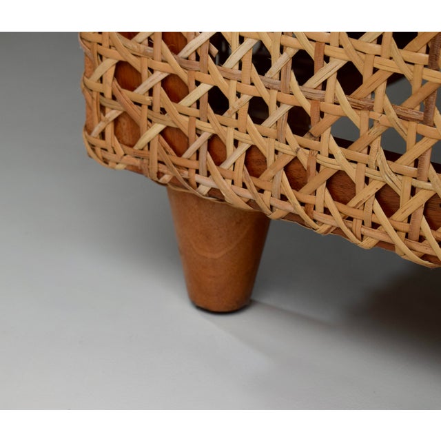 Modern Caned Teak Rattan Loveseat in Blue and White Sunbrella Fabric For Sale - Image 14 of 15