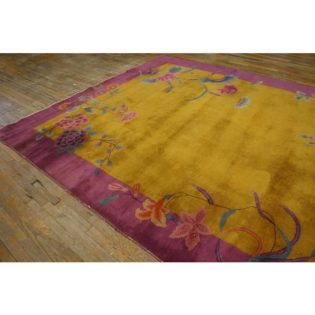 Textile 1920s Yellow Canary Floral Antique Chinese Art Deco Carpet 8' 10'' X 11' 4'' Knotted Wool Rug For Sale - Image 7 of 12