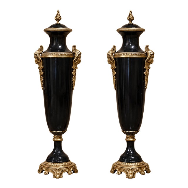 Set of 2 French Empire Style Black Decorative Urns With Gilded Bronze Foliate Mounts and Ornate Bases For Sale