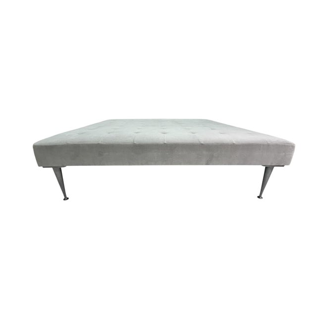 Mid-Century Modern Oversized Square Tufted Ottoman in Light Grey Velvet With Solid Cast Steel Legs For Sale - Image 3 of 7