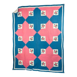 Vintage Blue and Pink Handstitched Quilt For Sale