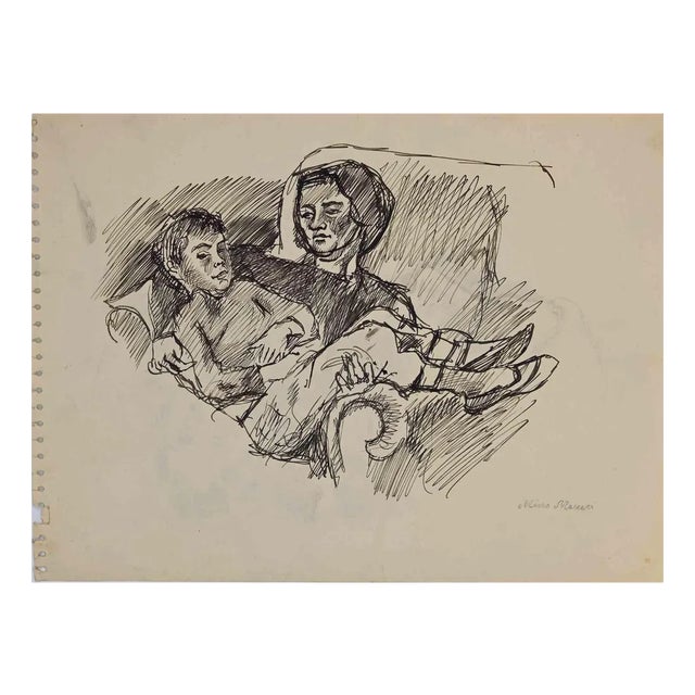 Mino Maccari, Mother and Child, Original Drawing, Mid-20th Century For Sale