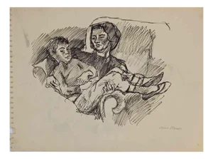 Mino Maccari, Mother and Child, Original Drawing, Mid-20th Century