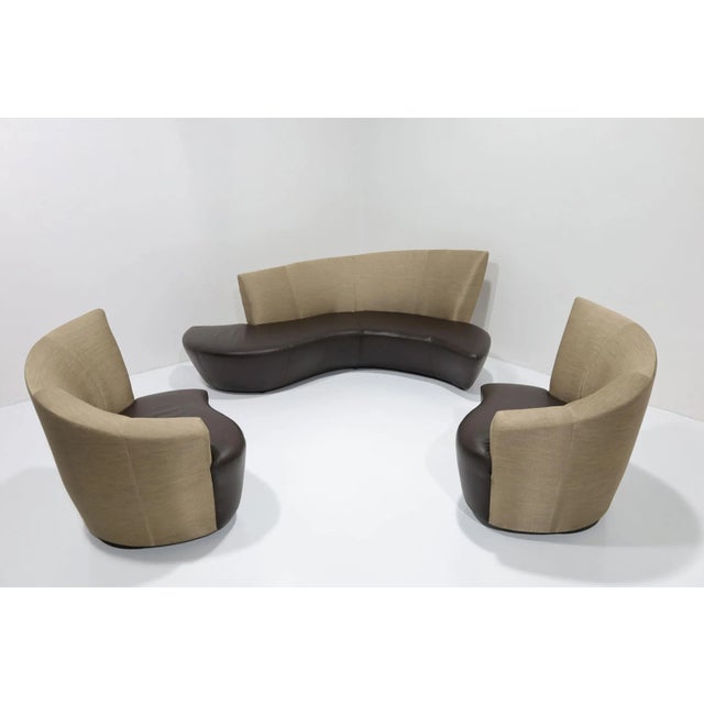 Textile Mid-20th Century Swivel Bilboa Chairs Attributed to Vladimir Kagan in Silk and Leather For Sale - Image 7 of 7