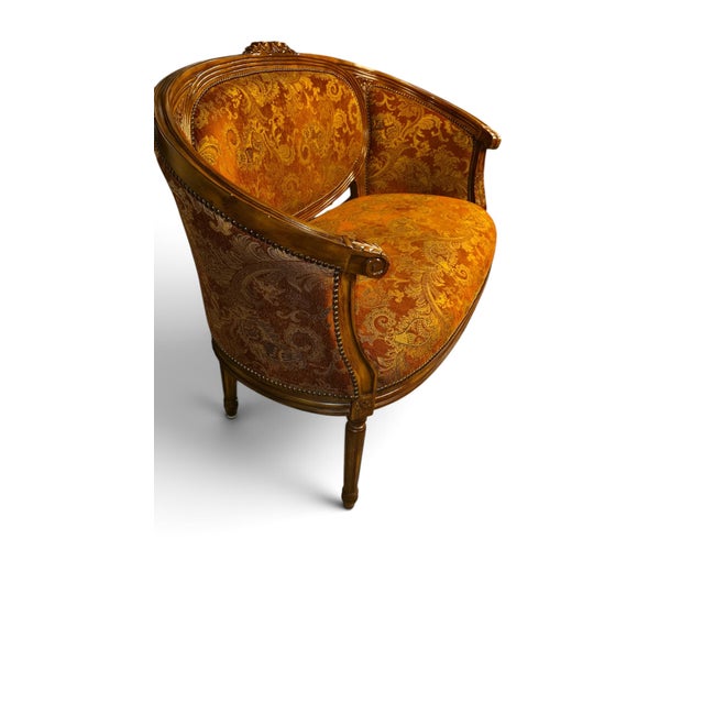 An absolutely stunning and elegantly scaled late-20th-century Louis XVI style barrel-back settee / small canapé....